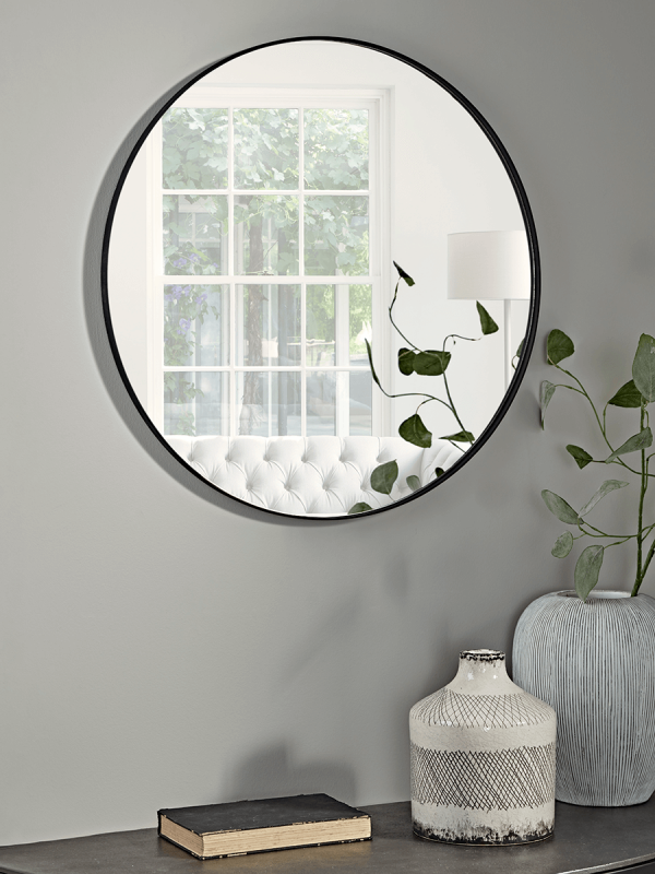 Black Slim Frame Round Mirror